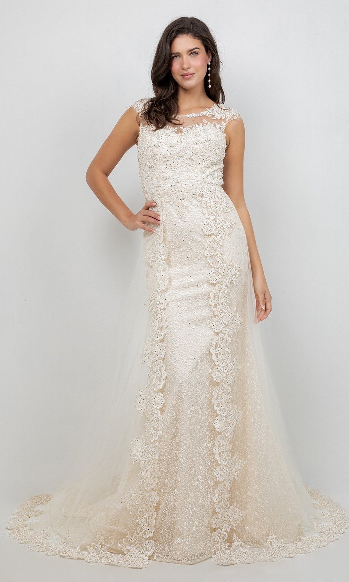 A woman wearing the Cinderella Couture 8506J long formal dress in ivory, featuring a fitted bodice, cap sleeves, and a floor-length train crafted from delicate lace appliques and airy tulle fabric, poses against a plain light background.